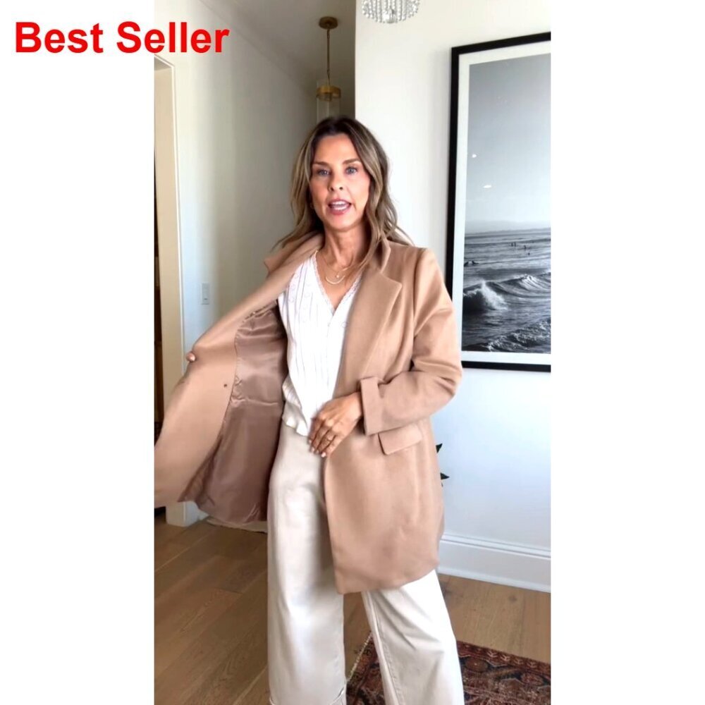 Notched Lapel Wool Blend Pea Coat Single Breasted Blazer Style - Picture 7 of 7